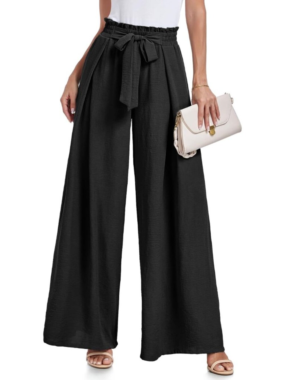 High Waisted Palazzo Pants Work Casual Flowy Tie Knot Trousers with Pockets